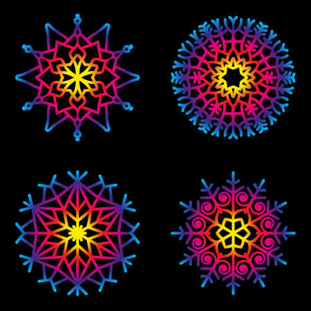 vector set of four circular round mandalas snowflakes - rainbow colored - adult coloring book pageのイラスト素材