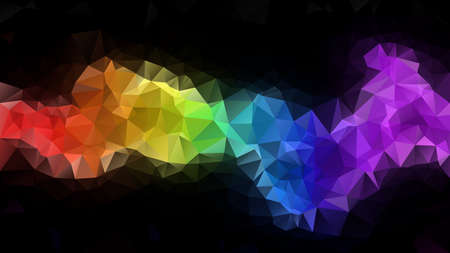 vector abstract irregular polygonal backdrop - triangle low poly pattern - full color spectrum rainbow horizontal strip on black background - red, yellow, green, blue and purple coloredのイラスト素材