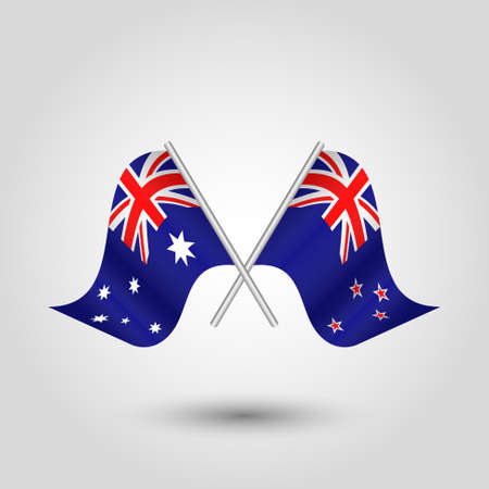 vector two crossed australian and zealander flags on silver sticks - symbol of australia and new zealandのイラスト素材