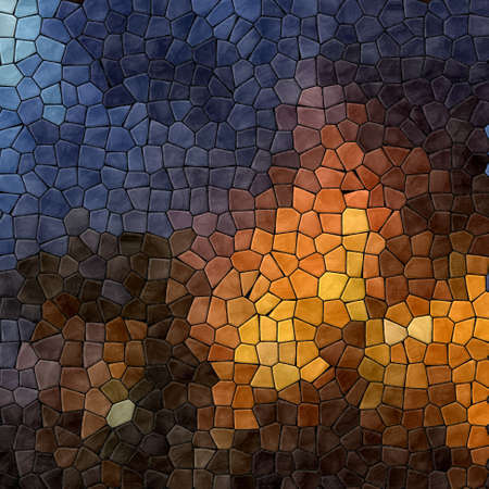 abstract nature marble plastic stony mosaic tiles texture background with black grout - fiery orange brown night blue colorsの写真素材
