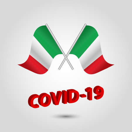 vector set two waving crossed flags of italy on silver pole - italian icon with red 3d text title coronavirus covid-19のイラスト素材