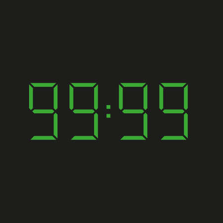 black background of electronic clock with four green numbers and datum 99:99 - repeating ninety nineのイラスト素材