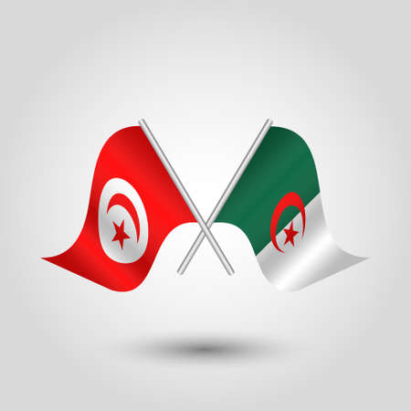 vector two crossed tunisian and algerian flags on silver sticks - symbol of tunisia and algeriaのイラスト素材