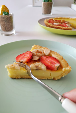 Slice Milk Pie with Strawberry and Bananaの写真素材