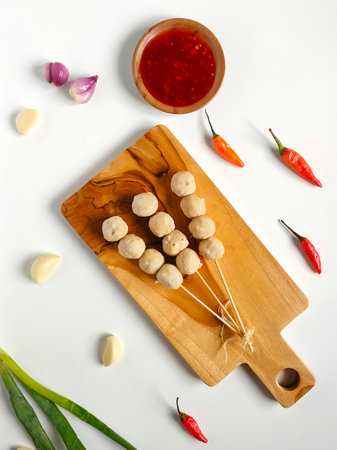 Skewered meatballs with spicy sauce on the wooden cutting board garnished with garlics, shallots, red chilies, and leekの写真素材