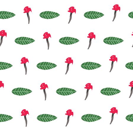 Repeat Pattern Red Mushroom and Green Leaf Nature Pattern. Perfect for birthday parties, scrapbooking, wallpaper, events.のイラスト素材