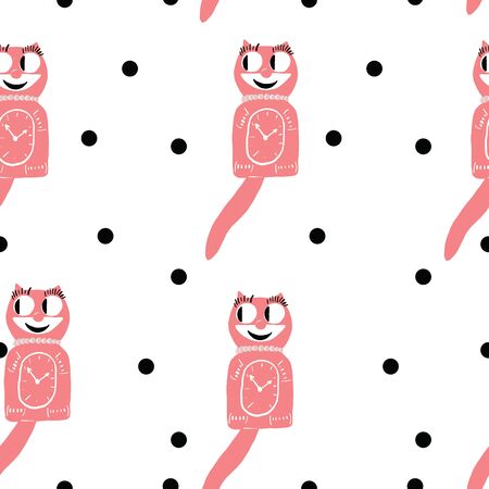 50s cat clock vintage pink polka dot phone seamless repeat patternのイラスト素材