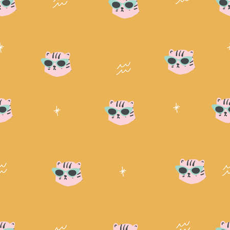 seamless retro simple leopard head with cat eye glasses seamless repeat gold pattern with light pink...