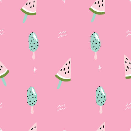 Seamless pink and teal watermelon pattern with retro hipster stars. Fun summer pattern.