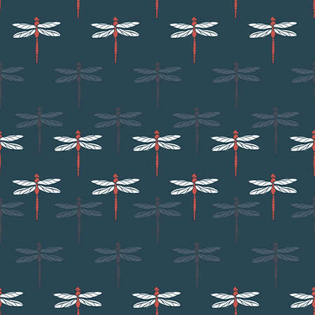 Seamless red dragonfly pattern with black background.Simple stylish repeating dragonfly pattern.の写真素材