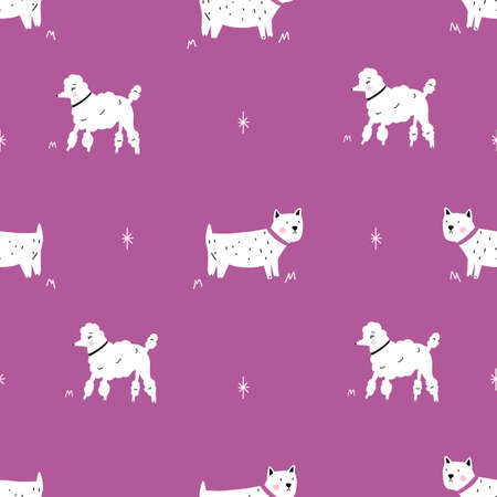 Seamless purple poodle and dog monochrome retro hipster pattern.のイラスト素材