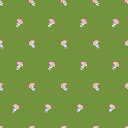 Cute green childrens pattern with pink mushrooms with dots. Beautiful backgroundのイラスト素材