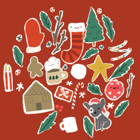 Seamless repeat Christmas vector pattern with trees gloves cup ornament and gingerbread house.のイラスト素材