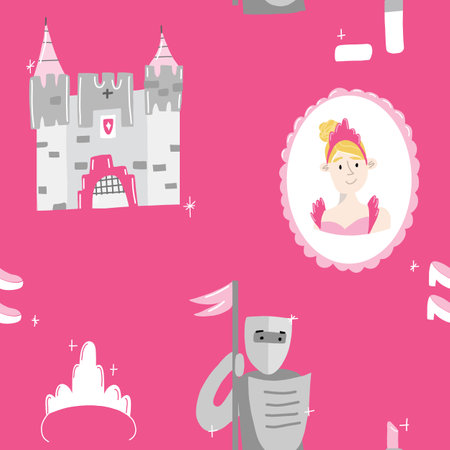 Pink hand drawn seamless vector pattern for little princess, knight, tiara. Background for design, textile, fabric, card and wrapping paper. Girl print.のイラスト素材