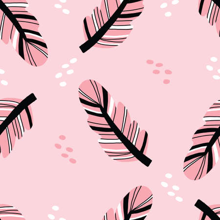 Pink and black Seamless repeat vector feather pattern in boho style. Vector illustration.のイラスト素材
