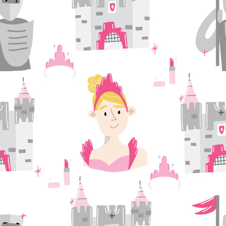 Hand drawn seamless vector pattern for little princesses with crowns, castles, knights, and lipstick. Background for design, web site, textile, fabric, card and wrapping paper. Girl print.のイラスト素材