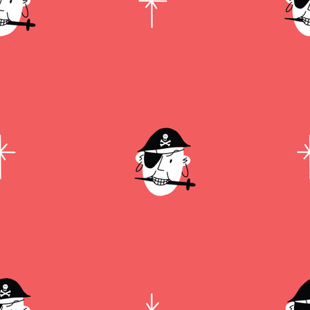 Seamless maroon red repeating vintage pirate character pattern with sword in mouth.のイラスト素材