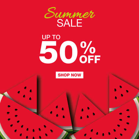 Summer sale banner with red watermelon in paper cut styleのイラスト素材
