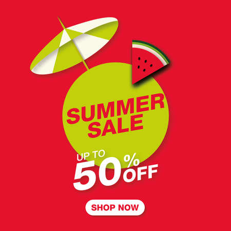 Summer sale banner with red watermelon and umbrella in paper cut styleのイラスト素材