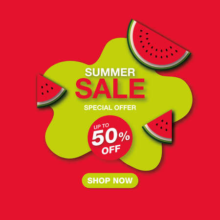 Summer sale banner with red watermelon and liquid shape in paper cut styleのイラスト素材