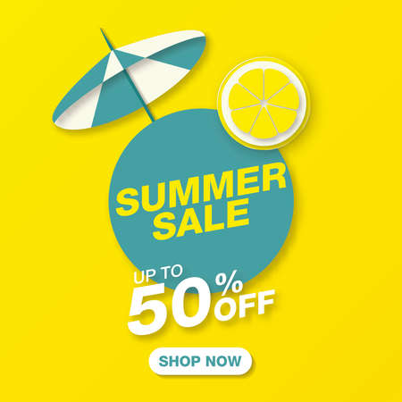 Summer sale banner with yellow lemon and umbrella in paper cut styleのイラスト素材