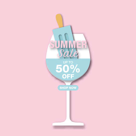 Summer sale banner with blue ice cream cocktail drink in paper cut styleのイラスト素材