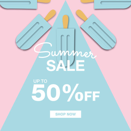 Summer sale banner with blue ice cream in paper cut styleのイラスト素材
