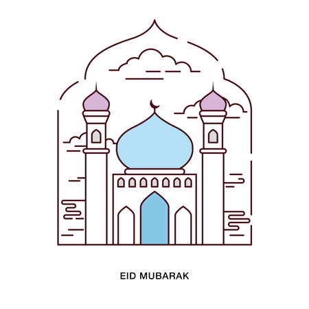 Flat Line Design. Eid Mubarak greeting Mosque illustration inside arch frameのイラスト素材