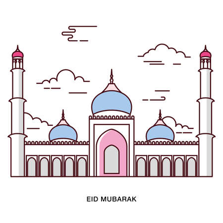 Flat Line Design. Eid Mubarak greeting large Mosque illustrationのイラスト素材