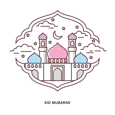 Flat Line Design. Eid Mubarak greeting Mosque illustration inside decoration frameのイラスト素材
