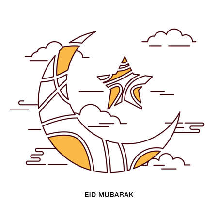 Flat Line Design. Eid Mubarak greeting sliced crescent moon and star illustrationのイラスト素材