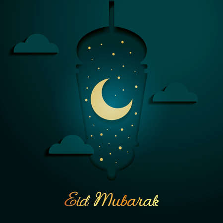 Cutout Drop Shadow. Eid Mubarak greeting crescent moon and stars inside lamp frameのイラスト素材