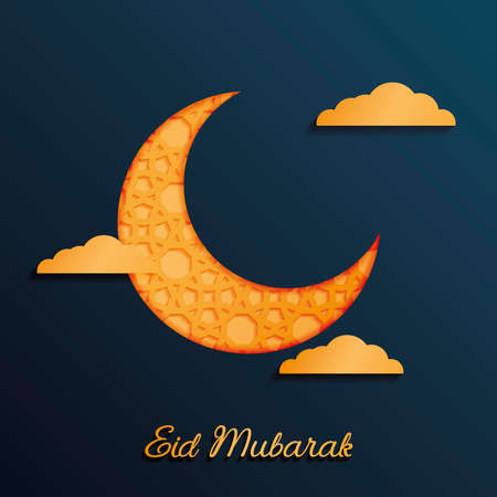 Cutout Drop Shadow. Eid Mubarak greeting patterned crescent moon with cloudsのイラスト素材
