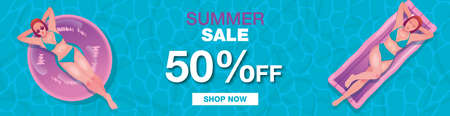 Summer sale banner with women on inflatable mattress illustrationのイラスト素材