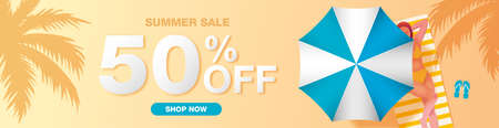 Summer sale banner with woman relax under the umbrella on the beach illustrationのイラスト素材