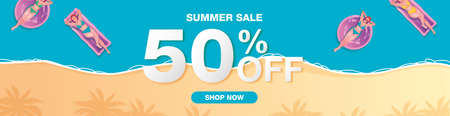 Summer sale banner with women on inflatable mattress on the sea illustrationのイラスト素材