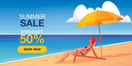 Vector Cartoon. Summer Sale Banner template design with woman wears bikini relaxes under umbrella on the beach illustrationのイラスト素材