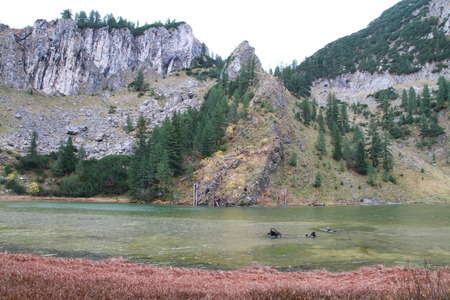 Lake and the hills in the autumn in Rugova valley, Kosovoの写真素材