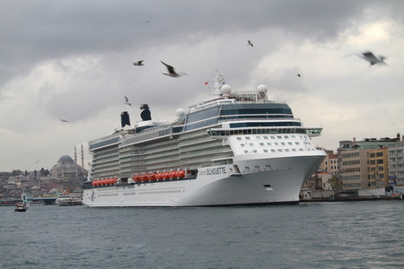 Birds flying and a new yacht in Istanbul, Turkeyのeditorial素材