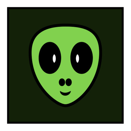 Alien head cartoon on dark green background. Mystical theme cartoon.