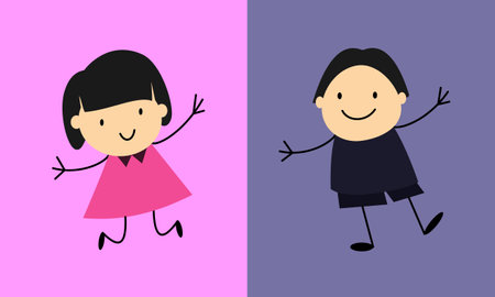 Cartoon boy and girl on different color background. Cute children's cartoon.のイラスト素材