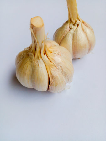 Whole garlic on white background. Kitchen spices for cooking.の写真素材