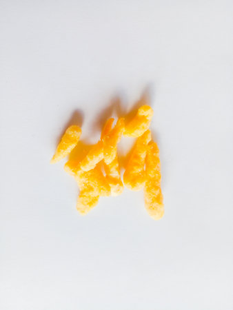 Corn snacks isolated on white background. Delicious children's favorite snacks.の写真素材