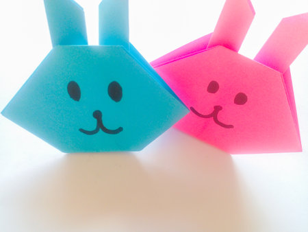 Cute rabbit head origami isolated on white background. Blue and pink rabbit head origami.の写真素材