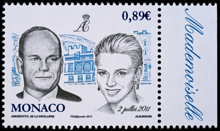 MONACO â CIRCA 2 JULY 2011: Postal stamp printed in Monaco showing Prince Albert II and Charlene Wittstock, circa 2 July 2011のeditorial素材