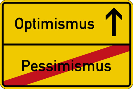 The German words for pessimism and optimism (Pessimismus and Optimismus) on a road signの写真素材