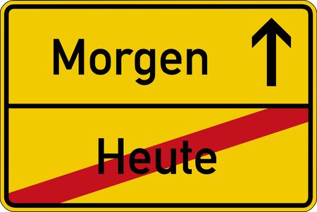 The German words for today and tomorrow (heute and morgen) on a road signの写真素材