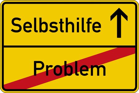The German words for problem and self help (Problem und Selbsthilfe) on a road signの写真素材