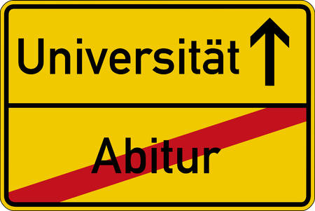 The German words for school leaving examination and university Abitur and Universitt on a road signの写真素材