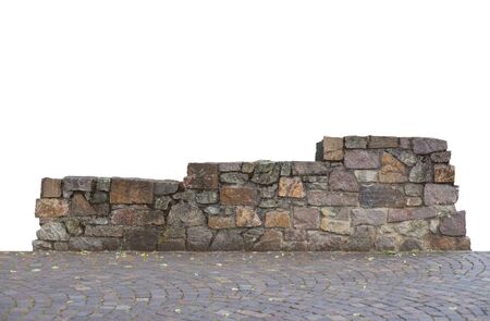 Winners podium made of stone, in front cobblestone, white backgroundの写真素材